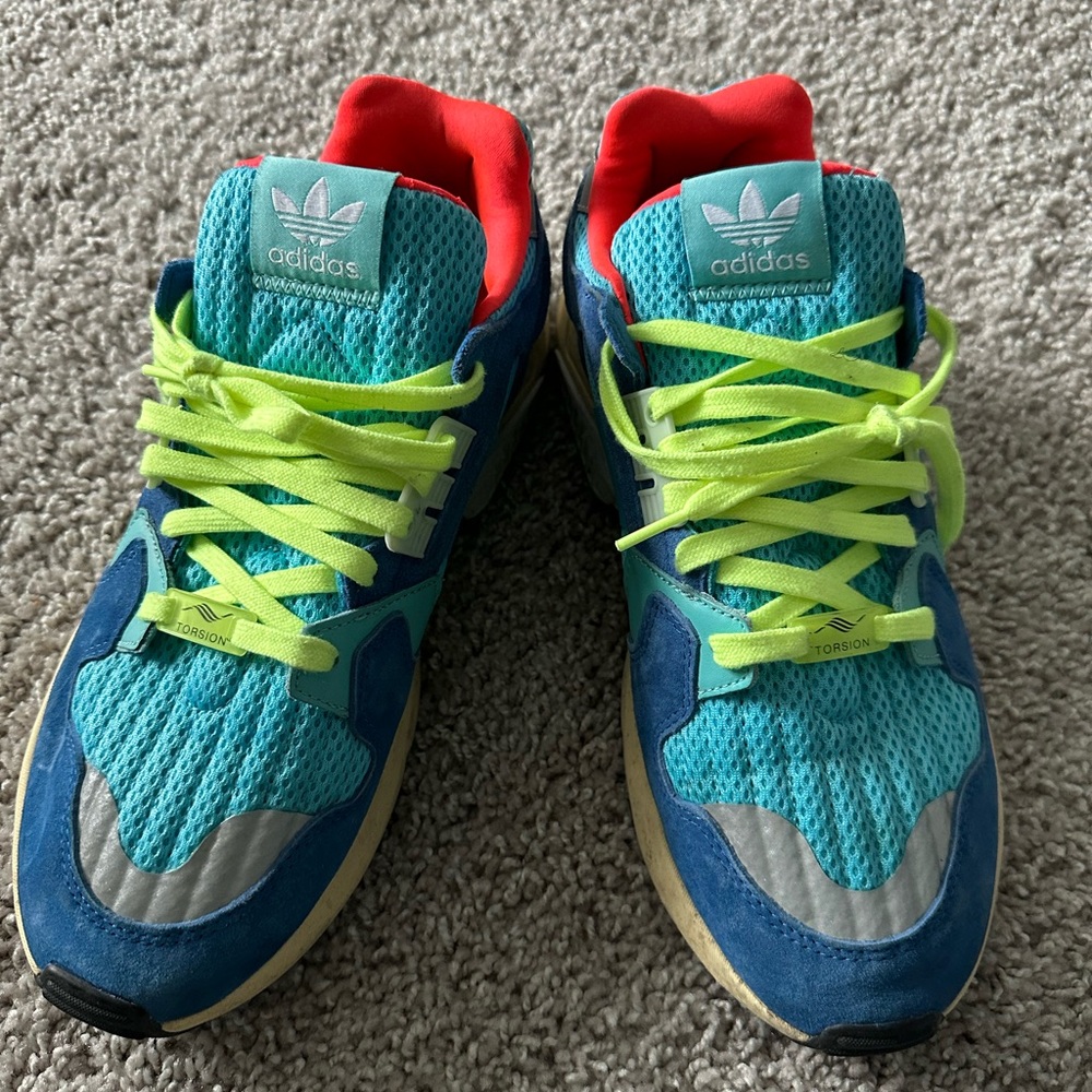 Adidas Men's Blue and Neon Green Sneakers